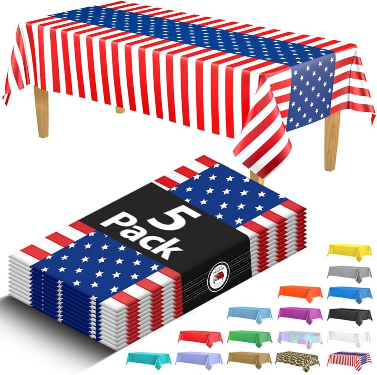 4th of July Table Cloths – 5 Pack Premium USA Flag Disposable Plastic Table Covers, 54" x 108" Rectangle, Heavy-Duty Waterproof Party Tablecloths